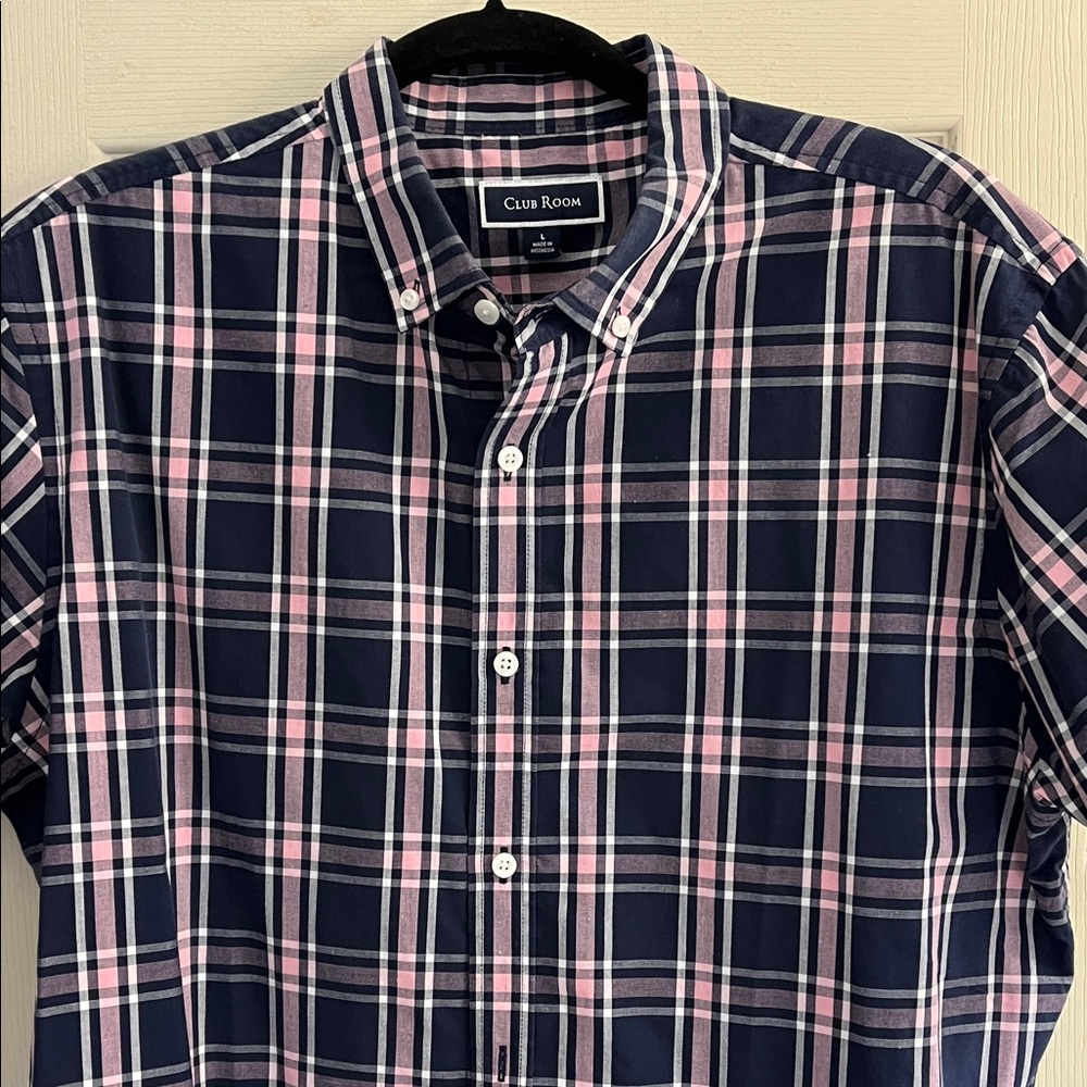 Club Room Men's Blue and Pink Checkered Shirt